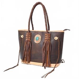 American Darling Brown and Tan Leather Fringe Tote with Turquoise Accent